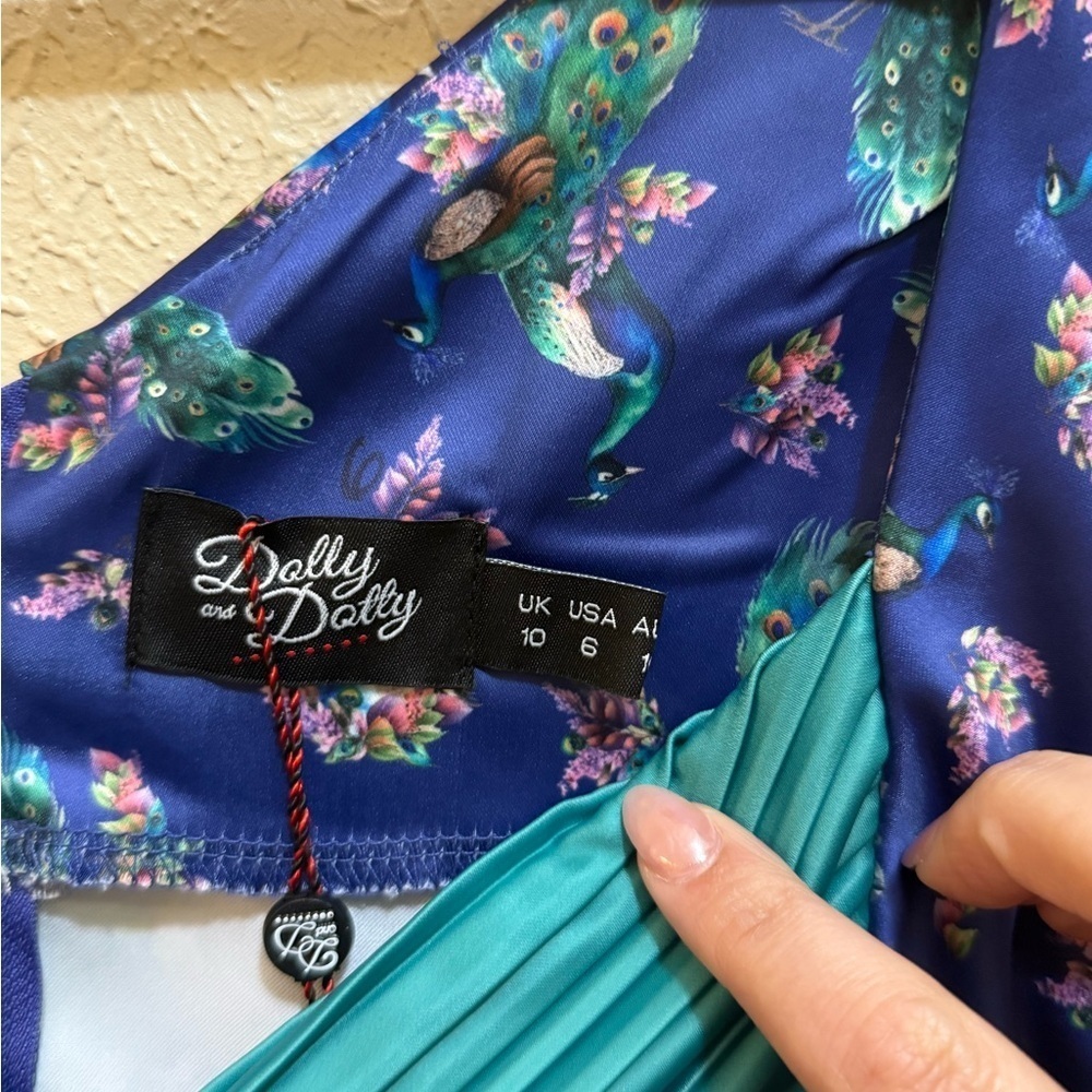 Dolly & Dotty 1950s Purple & Teal Peacock Print Grace Swing Dress Size 6 Retro - Picture 12 of 12